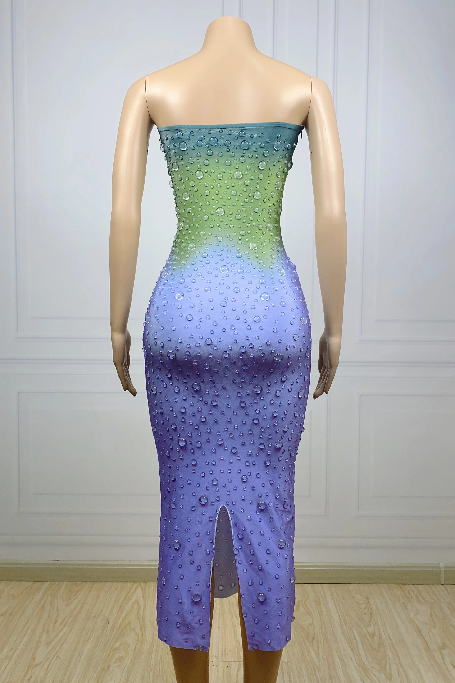 생일 축하 실버 라인스톤투명 블루 메쉬 드레스 여성 댄서쇼 이브닝 의상 프로 파티