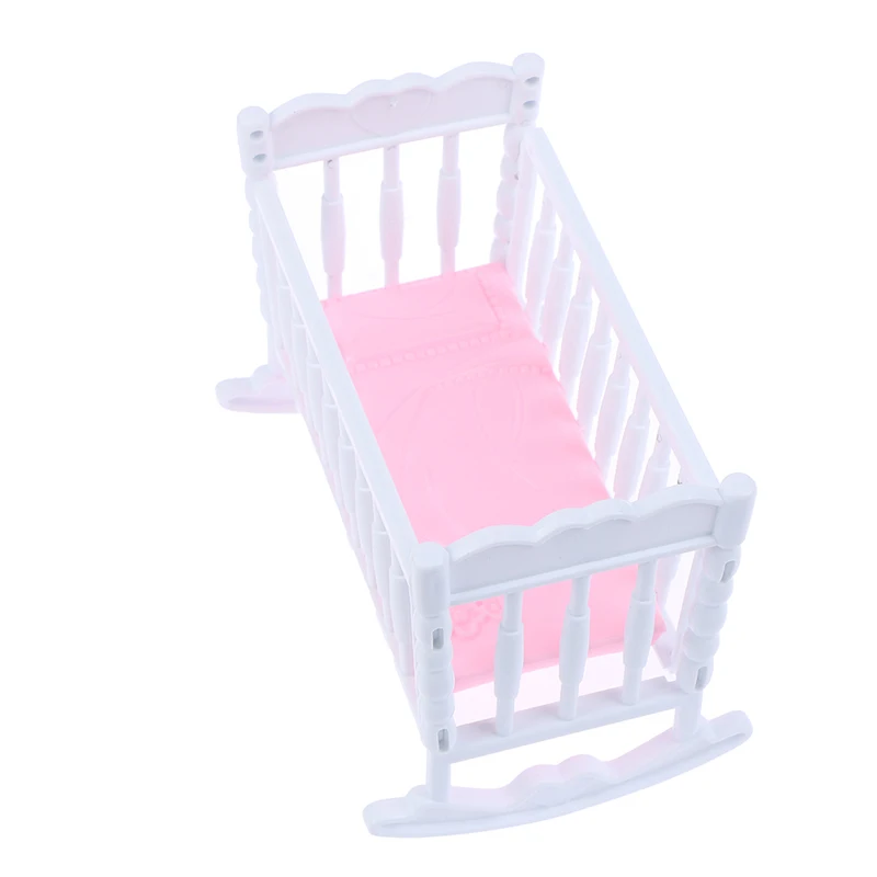 Light Pink Doll Crib Cradle, White Baby Shaker Bed, Doll House Toy Accessories