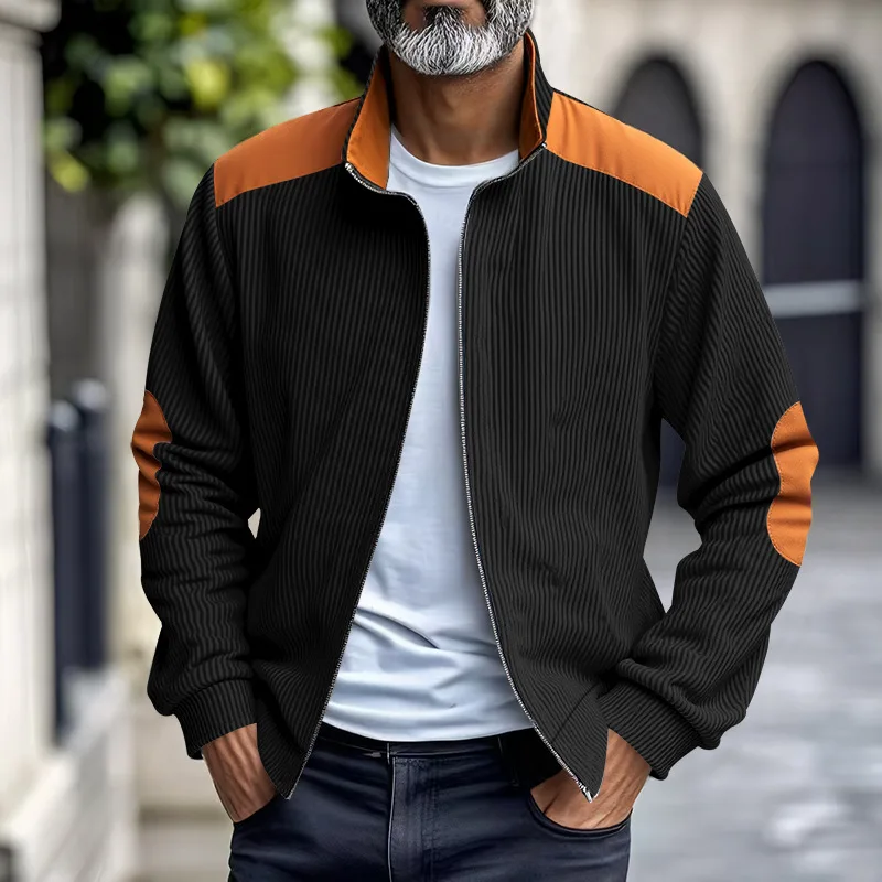 Herren Stehkragen Cordjacke, Farbblock-Design, Reißverschluss-Mantel, Retro, Locker Geschnitten, Lässig, Langarm, Herbst-Winter, Alltag, Streetwear – Detail 27