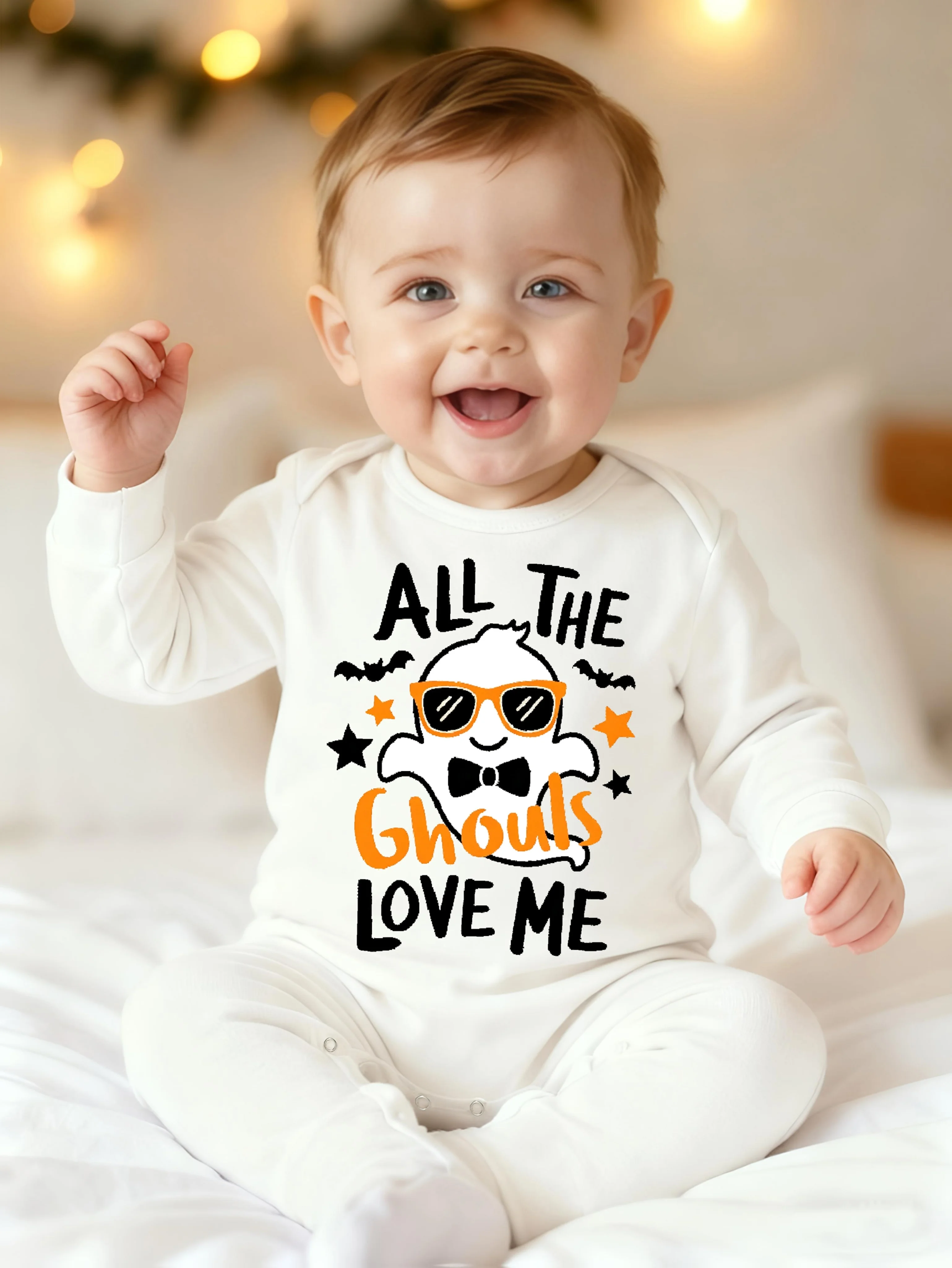 Cute Ghost Print Baby Footed Romper All The Ghouls Love Me Long Sleeve Onesie Newborn Halloween Party Photo Prop Outfit
