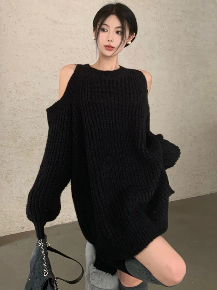 Knitting Mini Dress Women Hollow Out Vintage Baggy Autumn Off The Shoulder Casual All-match Streetwear Sexy Korean Fashion Mujer