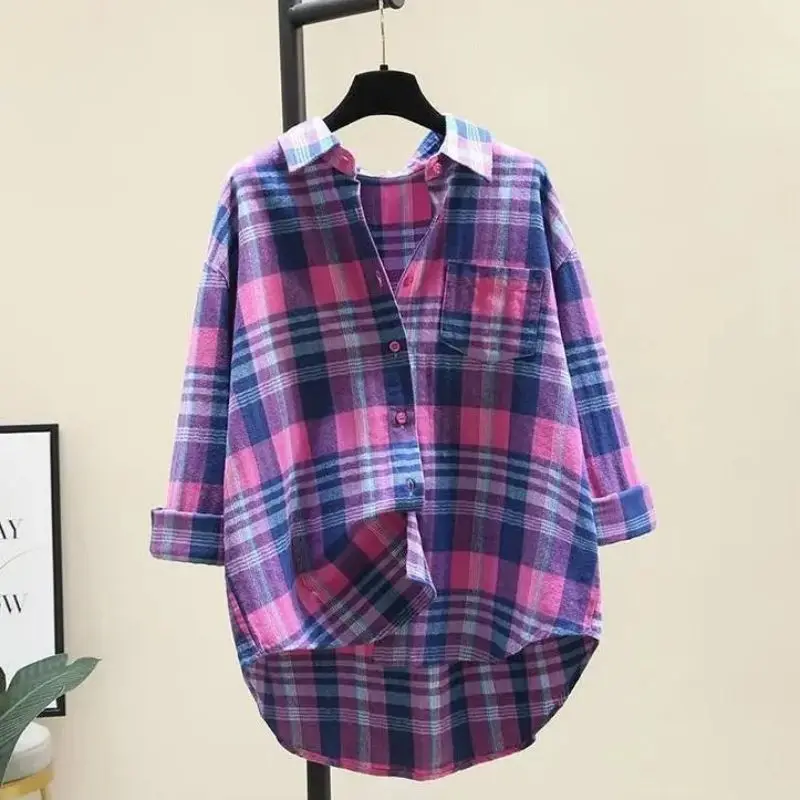 Plaid Vintage Polo-Neck Long Sleeve Loose Single Breasted Women\'s Blouse Shirt Korean Fashion Female Clothing Tops 2024 Spring