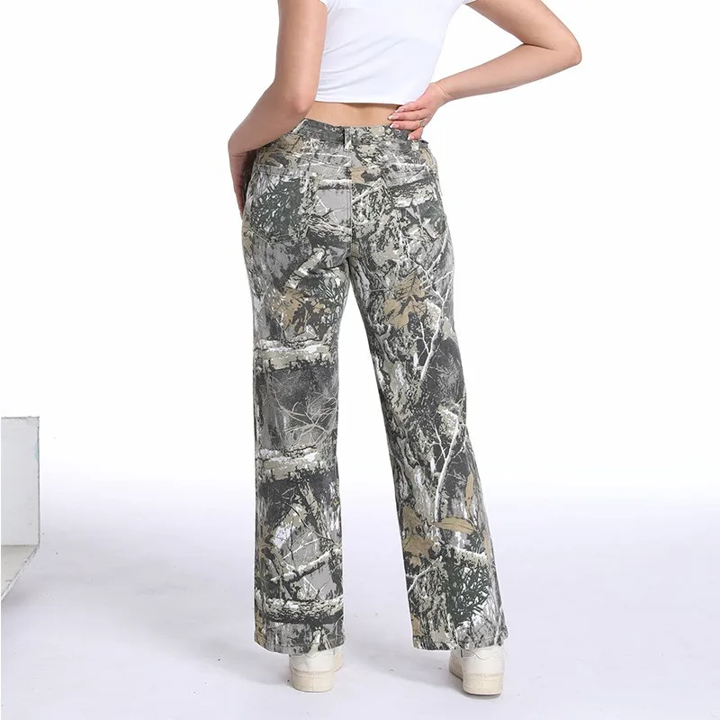 Women's Baggy Low Waist Straight Leg Full Length Printed Floral Camouflage Embroidered Cotton Casual Jeans for Women Streetwear