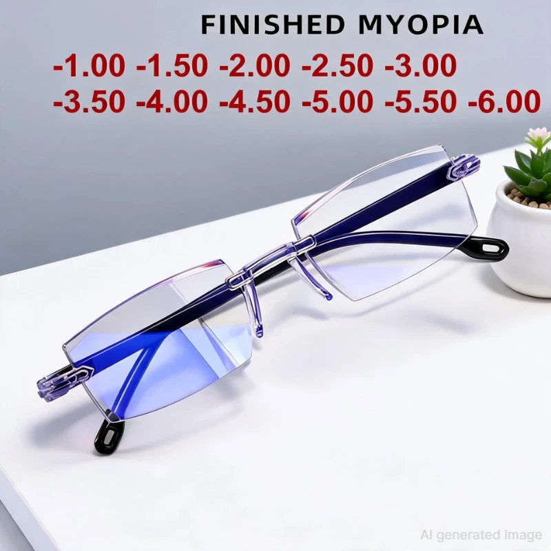 Lesebrille 0 -1,0 bis -4,0 Myopie-Brille Randlos Anti-Blaulicht Herren Myopie-Brille Rahmenlose Kurzsichtigkeitsbrille Unisex2027
