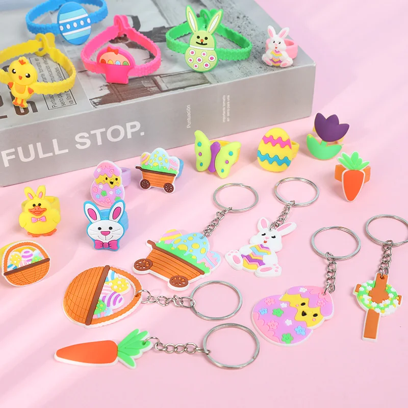 9/6pcs Easter Party Favors Cartoon Bunny Egg Chicks Silicone Keychain Ring Bracelet Kids Gifts Easter Party Decor Goodie Bag