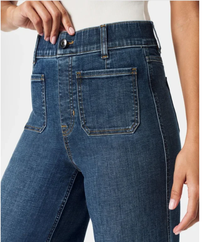 Dżinsy z wysokim stanem i przednimi kieszeniami, dżinsy z szerokimi nogawkami i marszczeniem na brzuch, dżinsy z kontrolą brzucha, dżinsy cropped.