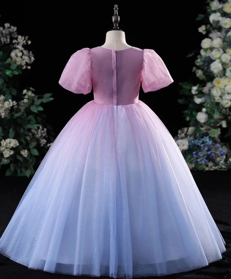 IRIDESCENT Gradient Blue Scoop Princess Bow Flower Girls Dress Short Sleeve Wedding Birthday Party Lace Zipper Children Clothing