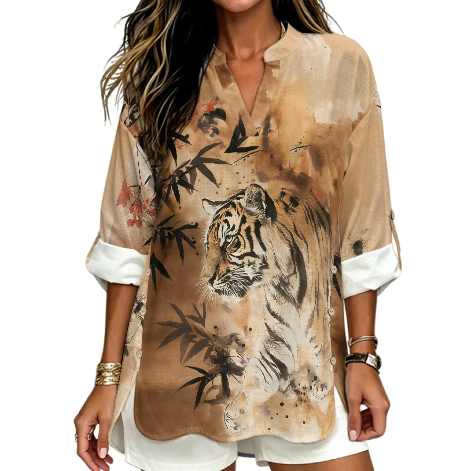 PENSTROLL Tiger Print Comfortable Workout Tops for Outdoor Linen Like Women's Blouse Sizes S-5XL