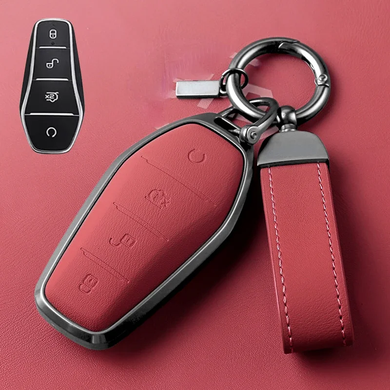 Volcanic Red Aluminum Alloy + Leather Simple Style Handmade Car Remote Key Case Cover For BYD E2 SeaGull 2022 - 2024