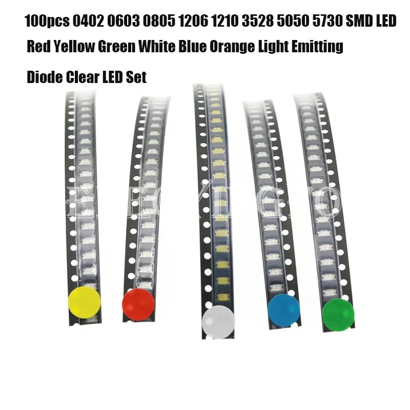 100pcs 0402 0603 0805 1206 1210 3528 5050 5730 SMD LED Red Yellow Green White Blue Orange Light Emitting Diode Clear LED Set