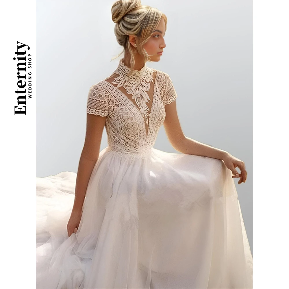 Customized Wedding Dresses High Neck Short Cap Lace Sleeves Womens Dresses Appliques Lace Bride Dresses Vestidos Para Mujer