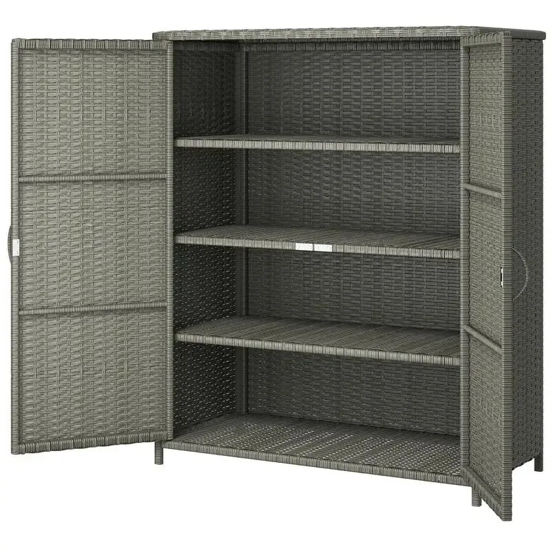 

Wicker Outdoor Storage Cabinet, Pool Storage Organizer with 4 Shelves and 2 Doors for Garden, Backyard, Dark Grey