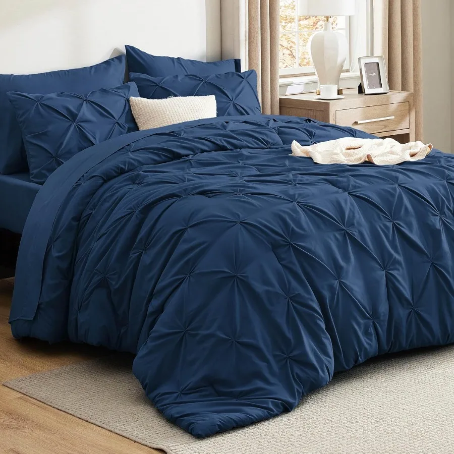 

Full Size Comforter Sets - 7 Piece Pintuck Bed in a Bag Navy Blue Bedding Set with Comforter Sheets Pillowcases Shams