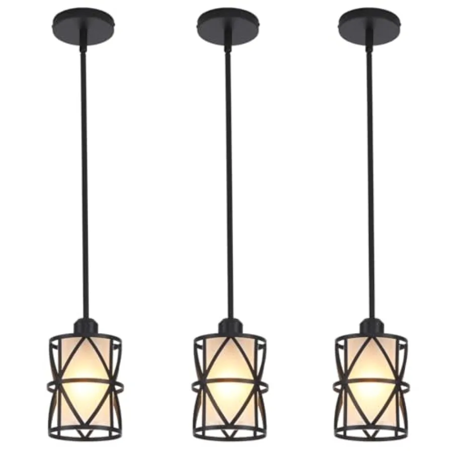 

3 Pack Pendant Light Kitchen Island Pendant Light Stem Rod Hanging Light with Spiral Cage Frosted Glass Shade Black Modern Indo