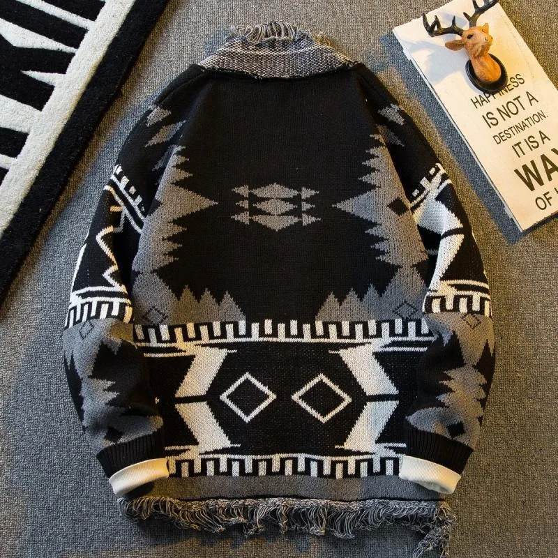 نمط محبوك سترة سترة الرجال موضة الاتجاه فضفاض Laid-الظهر الخامس الرقبة سترة مشغولة من الصوف سترة الرجال ربيع الخريف الرجعية العرقية #3