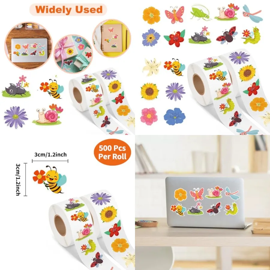 2 rollos de pegatinas de primavera para 1000 Uds., pegatinas coloridas de insectos y mariposas con flores de verano para sobres, regalos, pegatina de recompensa decorativa