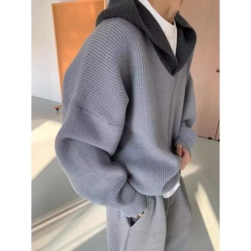 

Retro Contrast Color Large Size Men's Knitted Hoodie Long Sve Loose Fit Winter Outerwear Polyester Fiber Thiened Jaet