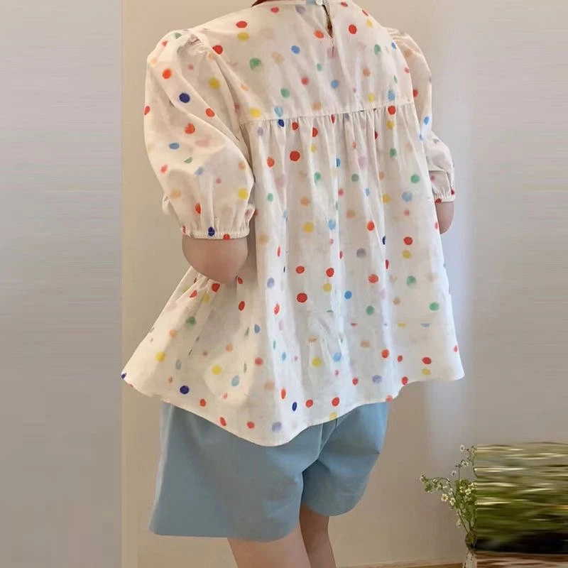 Summer Multicolor Polka Dot Printing Short Sleeve Blouse New Fashion Women Loose Casual Shirt Ladies Pleated Ruffled Tops 32