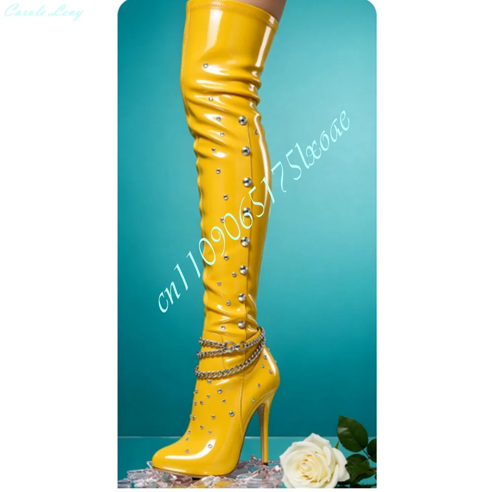 Bright Yellow Shiny Leather Over the Knee Boots Metal Chain Strap Round Rivets Studded Sexy Hot Long Boots Stiletto High Heel