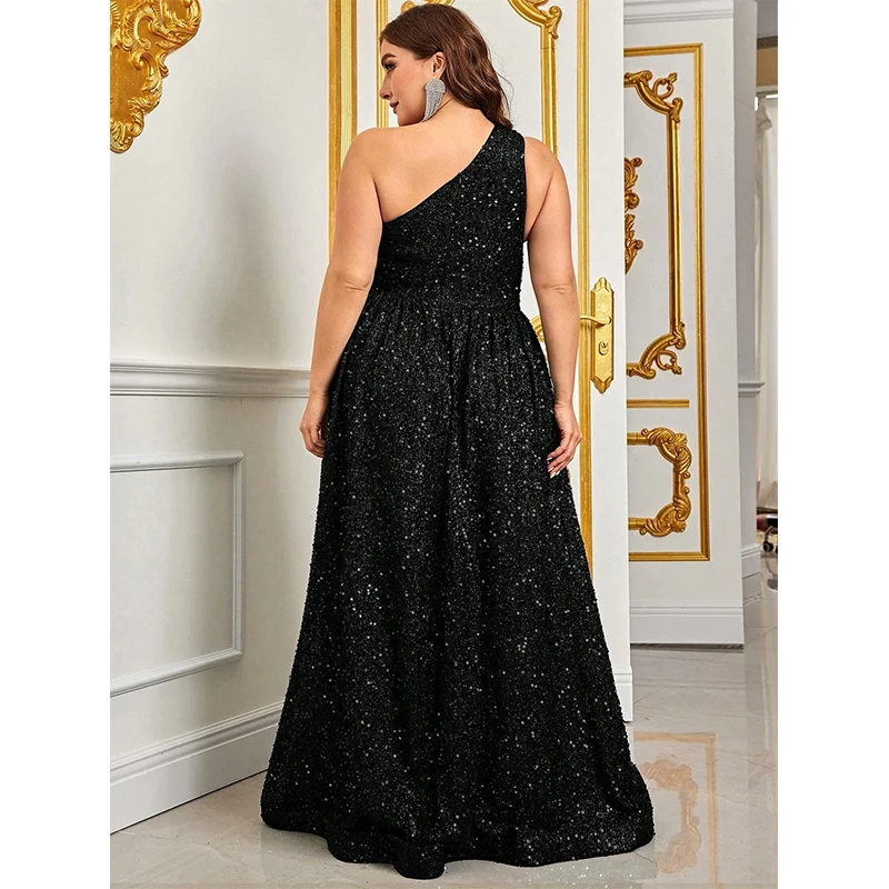 Plus Size Women\'s One Shoulder Sequined Evening Gown, Sleeveless, Floor-length, Big, Plus Size, Banquet, Prom, 5XL, 6XL