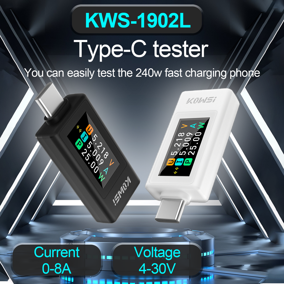 KWS-1902L Type-C USB Tester Digital Display Voltage Current Power Meter DC 4-30V 0-8A Power Off Storage Phone Charging Tester