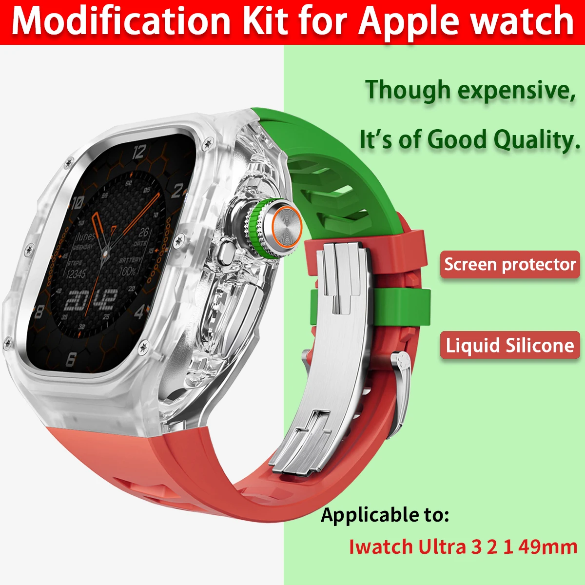 Luxury Mod Kit for Apple watch Ultra 3/2/1 49mm Sport Rubber Strap+Case for Iwatch ultra 49mm Transparent Glacier Case Refit Kit