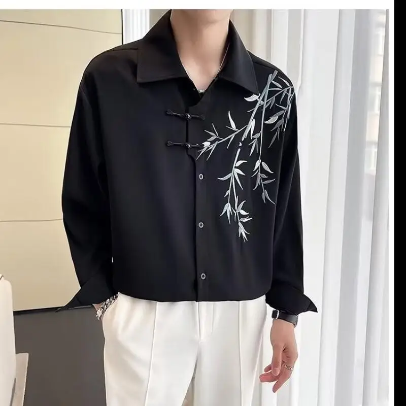 2026 Men Black White Shirt Men Bamboo Print Shirt Male Chinese Style Breathable Shirt Vintage Mens Casual Summer Loose Fit Tops