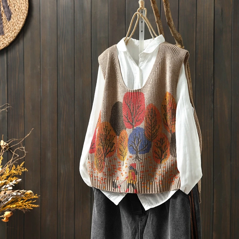 سترة محبوكة بطباعة فنية عتيقة للنساء، ملابس خارجية فضفاضة متعددة الطبقات بدون أكمام مع وسادات للكتف، تصميم عصري برقبة مستديرة...
