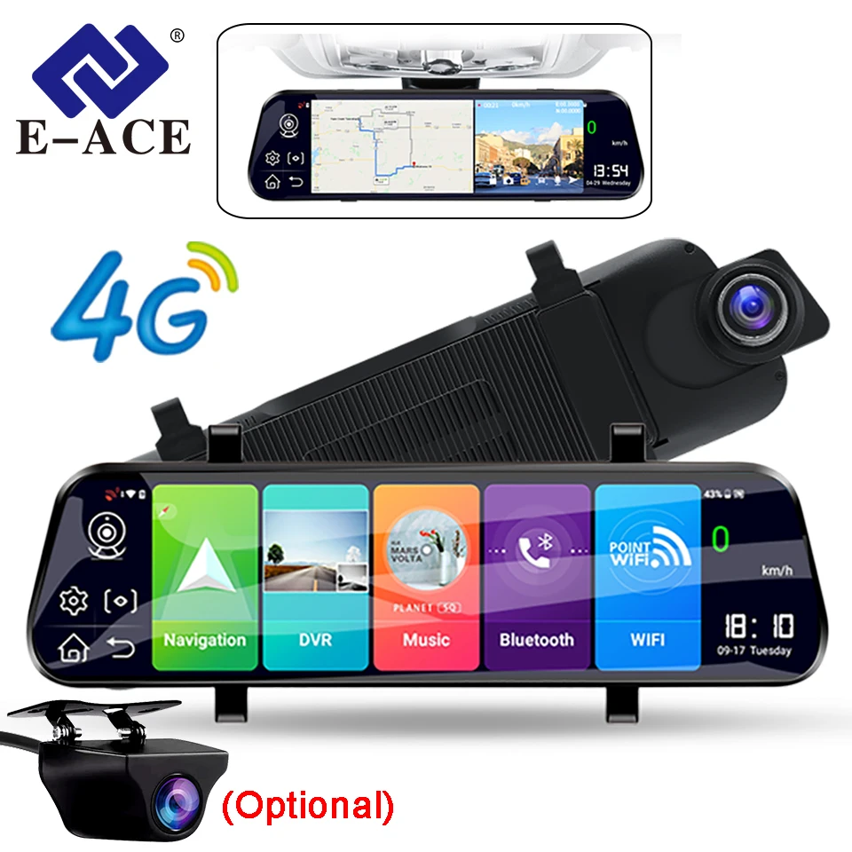 4G Android ADAS Dash Cam10 بوصة تدفق الوسائط شاشة تعمل باللمس سيارة DVR كاميرا مرآة مع GPS كاميرا الرؤية الخلفية الاختيارية