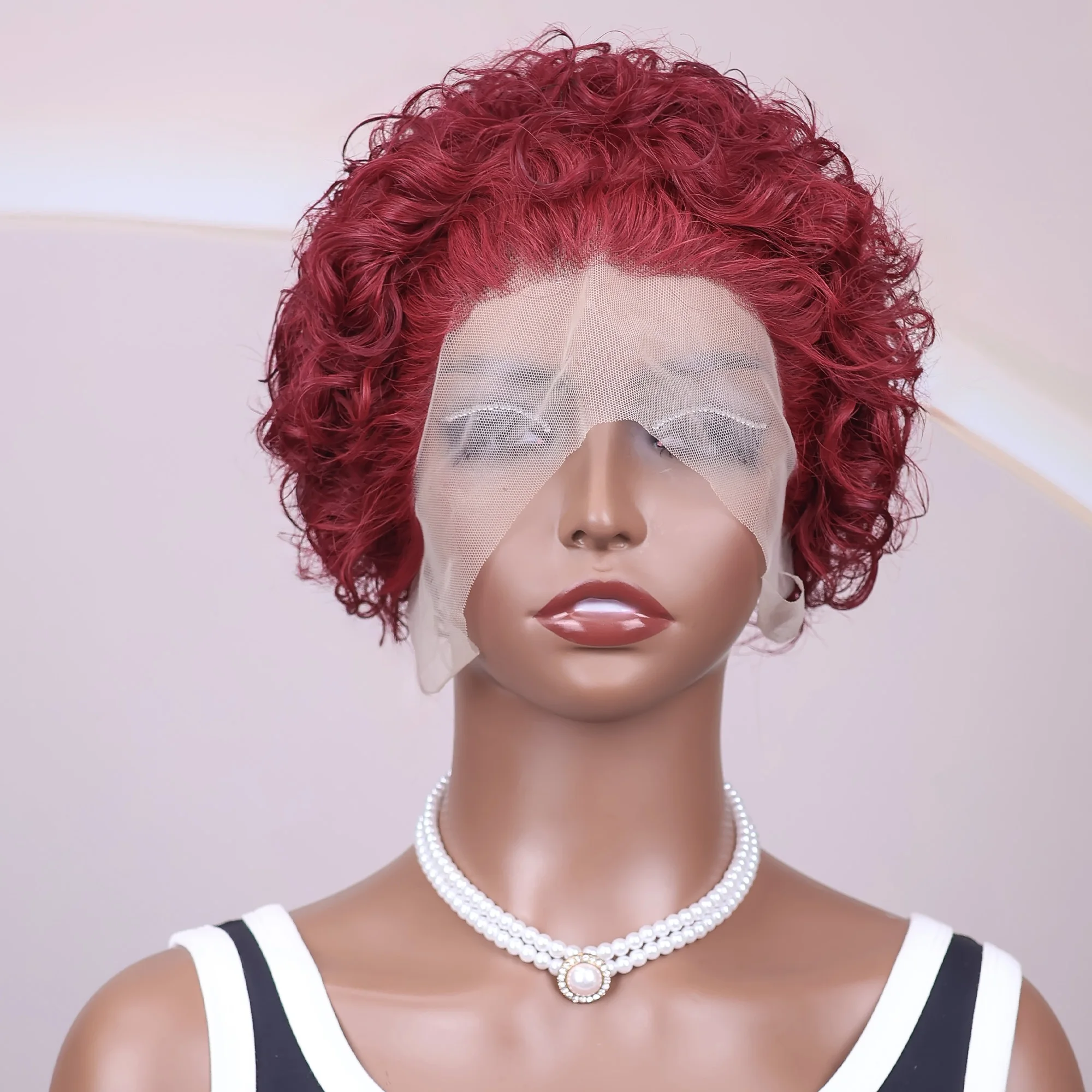 

Brazilian 13x1 short sponge wig, with a forehead edge, wine red, Remy brand short curly sponge wig, elf style,