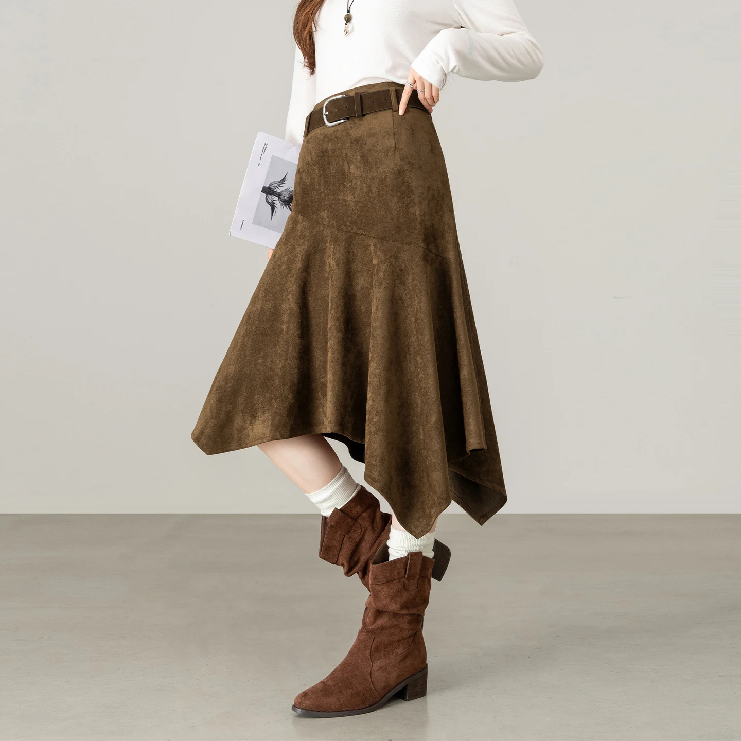 SENTUBILA Women Midi A-Line Skirt 2026 Fall Irregular Hem Slim Fit Skirt with Detachable Belt Commuter Female Clothing W64QE8921
