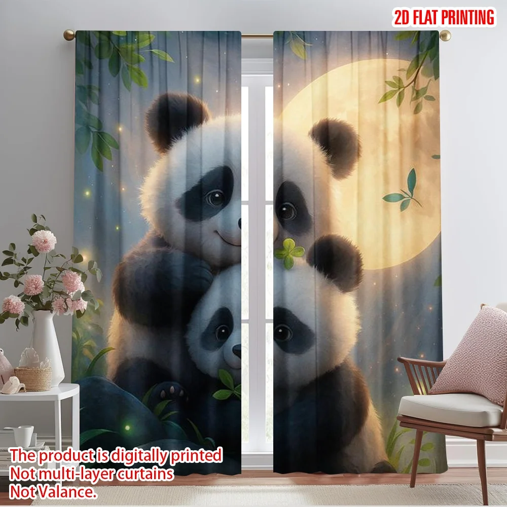 2pcs,2D plane printing Curtain Fabric Panda Night Hug Versatile Fabric (without rod) Outdoor Decorations Ldeal for Living Room,