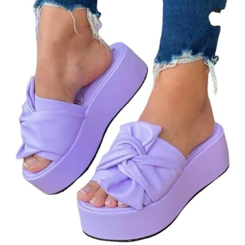 2024 Summer New Platform Slippers Large Size Bow Flip-flop Women\'s Shoes Muffin Wearing Wedge Slippers