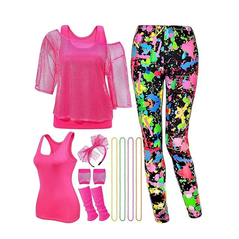 Conjunto Completo de Disfraz de Baile de los 80, Ropa Retro de los 80 para Fiestas Temáticas, Actuaciones, Gimnasio, Cosplay al Aire Libre