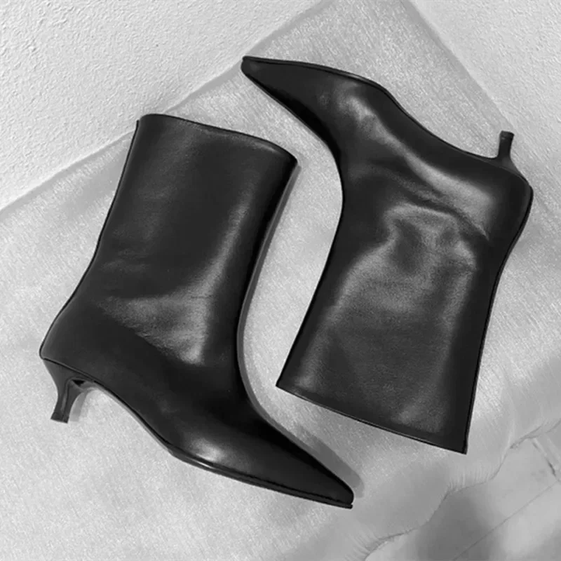 SEXY Black Pointed Toe Cat Heel Mid Calf Boots for Women Soft Leather PU Design Low Heel Wide Mouth French Style Ankle Boots