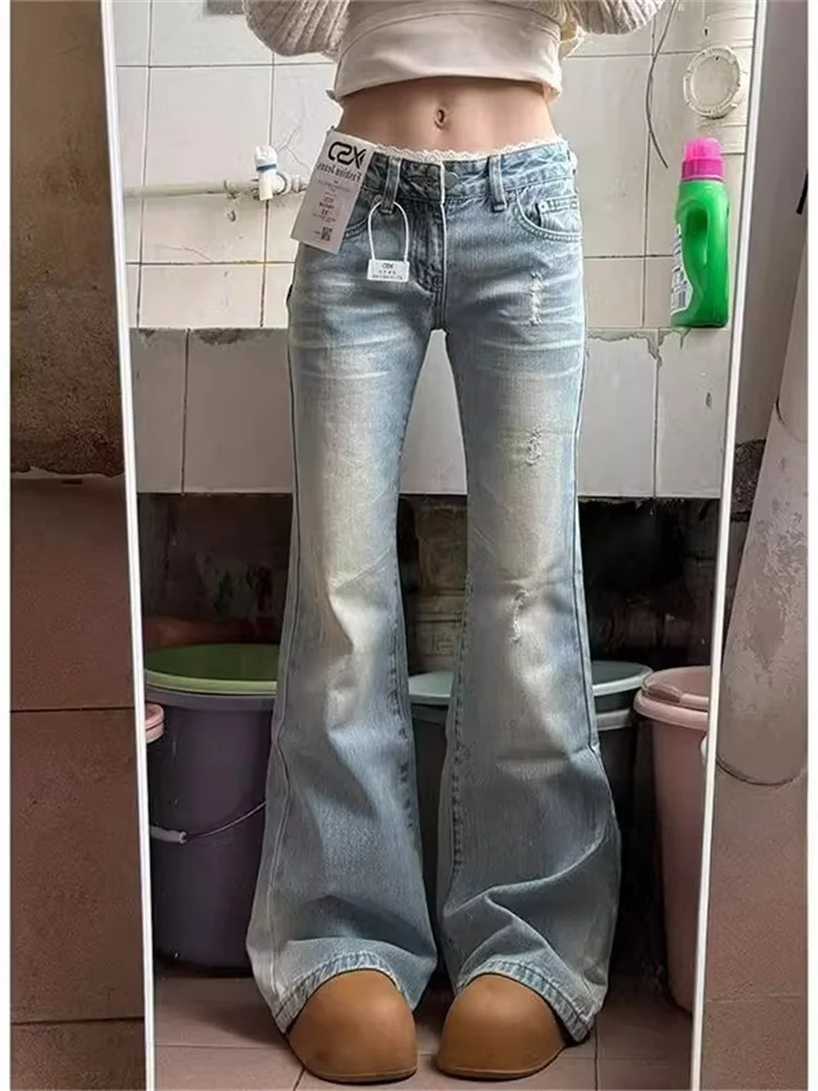 Low Waist Bell Bot Lace Detail Slimming Jeans Women's Casual High Waist Cotton Stretch Denim Floor Length Pants