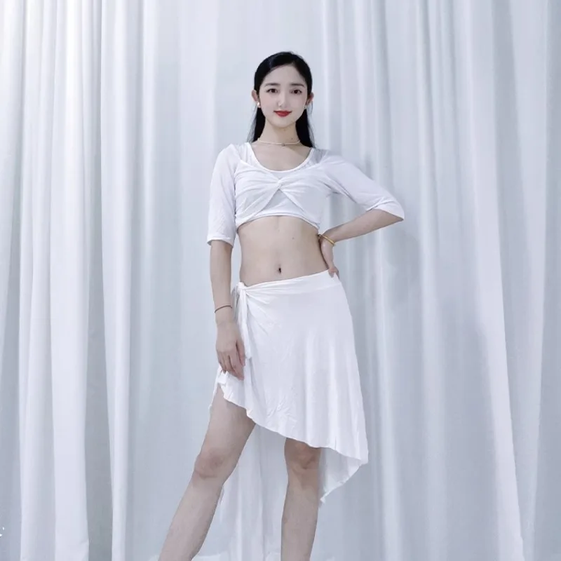 ที่กําหนดเอง Belly Dance เครื่องแต่งกายฝึกชุด Modal Splicing ตาข่าย Twisted Top ไม่สม่ําเสมอ Wrap กระโปรงอเนกประสงค์