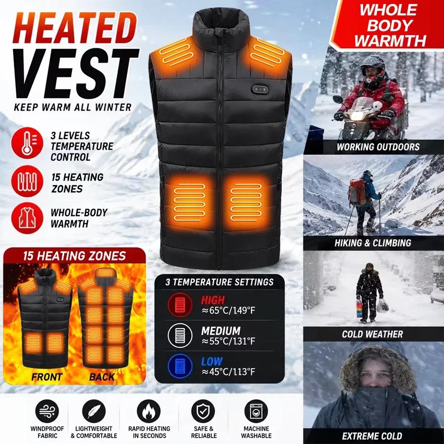 Unisex Heated Vest 15 Heating Zones USB Electric Heating Gilet 3 Temperature Control Windproof Lightweight Stand Collar Thermal