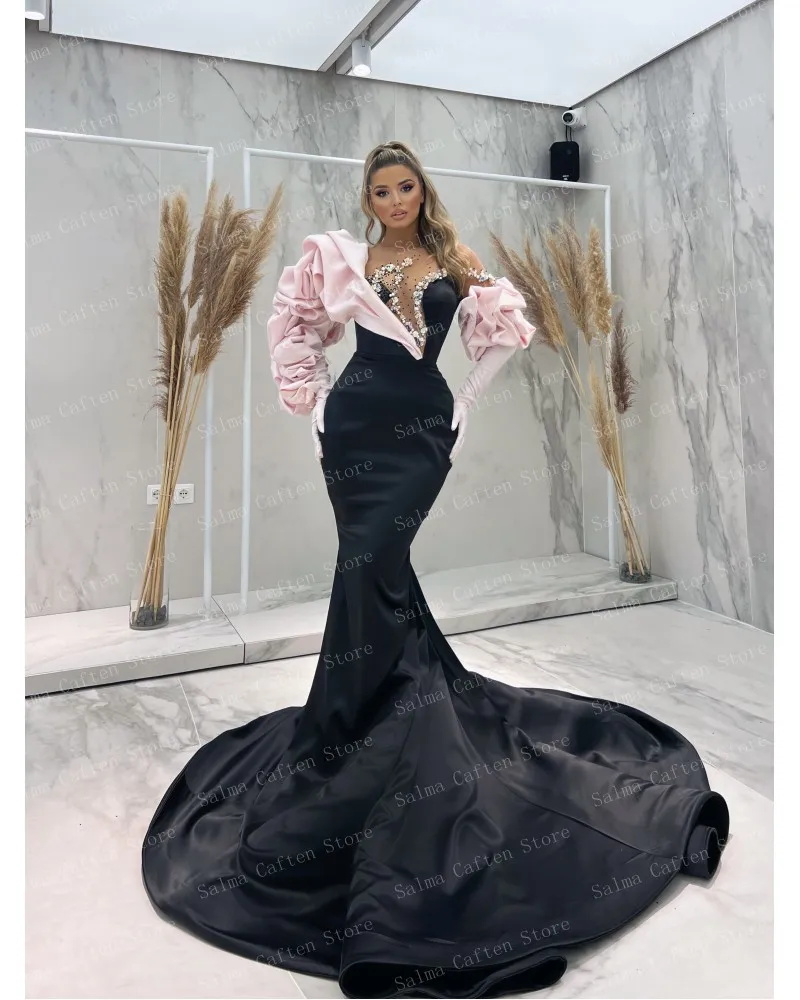 Vestido de satén negro con cuello redondo, vestidos de noche de manga larga con volantes de sirena y tren largo, vestido de fiesta elegante con cuentas de cristales