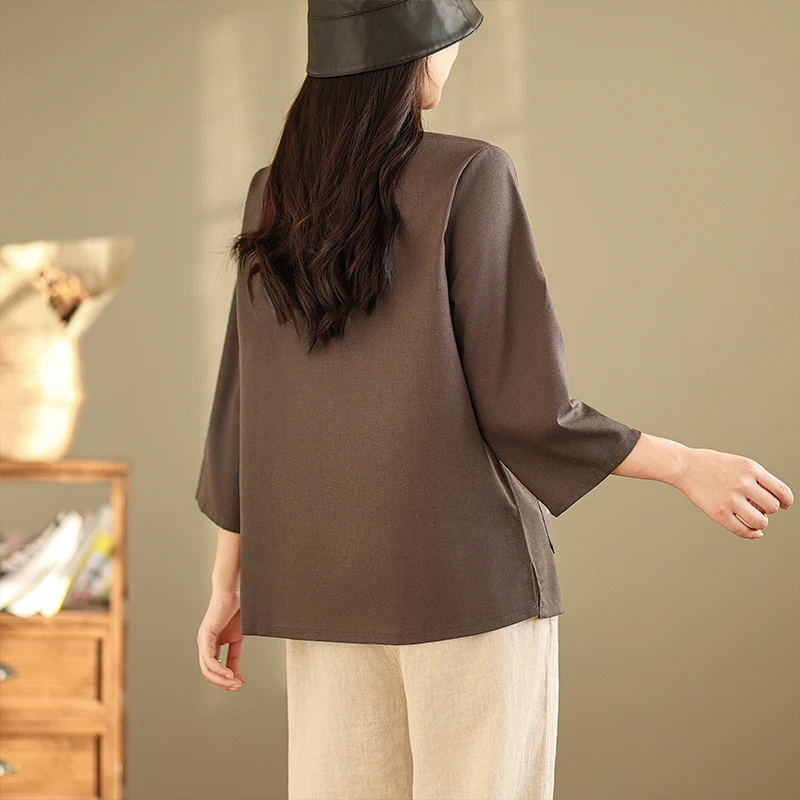 Nieuwe Chinese Sle Zomer High End Negen Sve Button Geborduurde Vlas Dames Retro Zen Irt Loose Fit Katoen Linnen mix