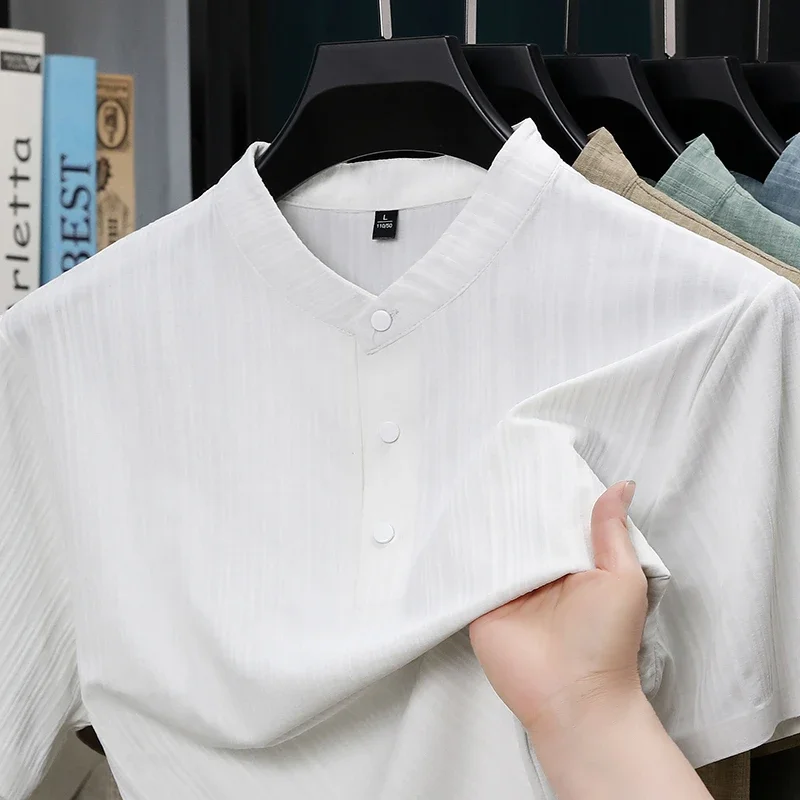 Summer Stand Collar Half Button Mens Shirt Lightweight Textile Blouse Daily Streetwear Home Leisure And Short Travel Outfit view 4