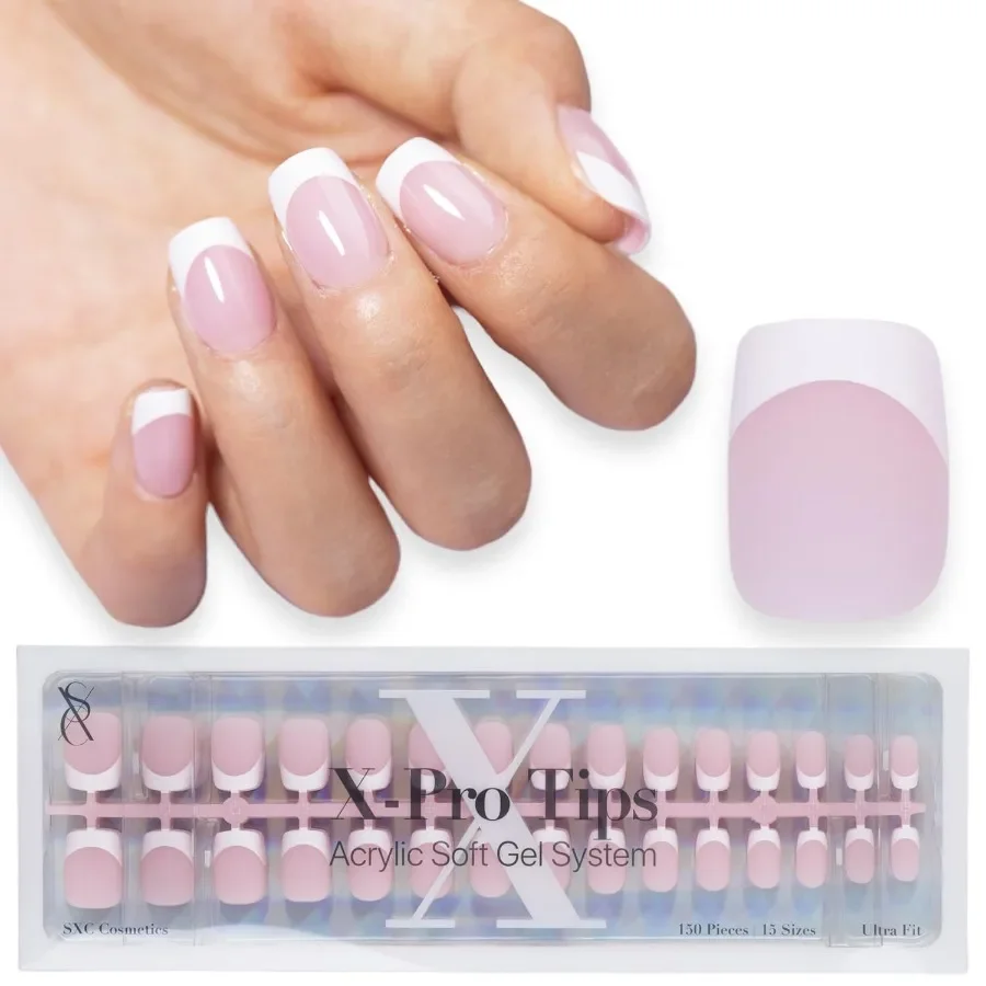 

SXC Cosmetics French Tip Press On Nails Розовый Очень Короткий Квадрат 150 штук в 15 размерах Ultra Fit с Preapplied Tip Primer и