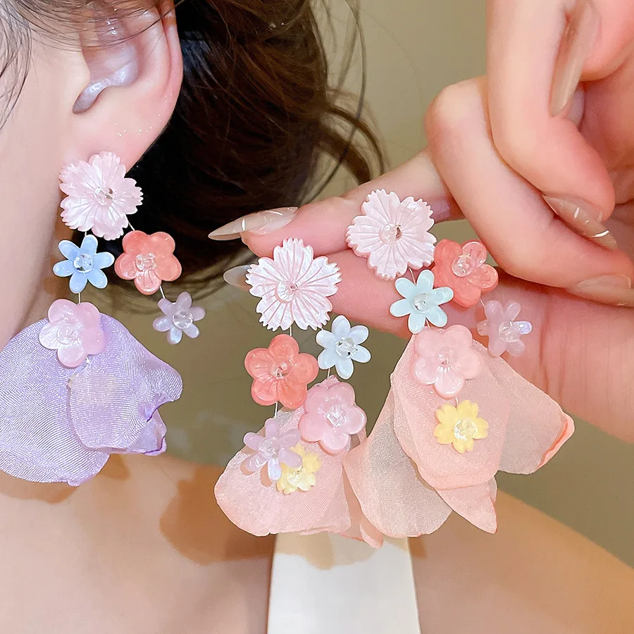 Sweet Cute Pink Yarn Mesh Flowers Dangle Earrings for Women Girly Rein Flower Earrings Fairy Lolita Party Jewelry