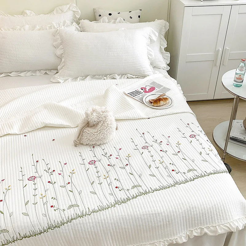 1 قطعة الأميرة الكورية الكشكشة الزهور التطريز الصيف لحاف المفرش على السرير لحاف تكييف الهواء بطانية