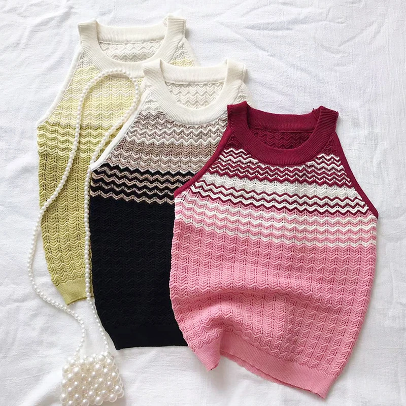 

abebey New Hollow Out Rainbow Striped Ribbed Knit Cami Top for Women Sleeveless O Neck Casual Top Rainbow Crop Top Outfits