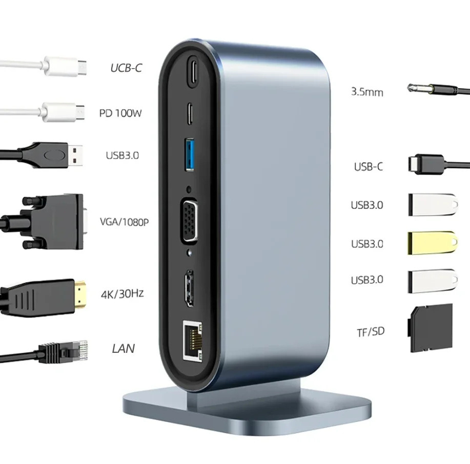 

Док-станция 12 в 1 USB C HUB TYPE C к HDMI-адаптеру PD 100 Вт VGA RJ45 3,5 мм SD TF USB 3.0 Разветвитель для ноутбука MacBook