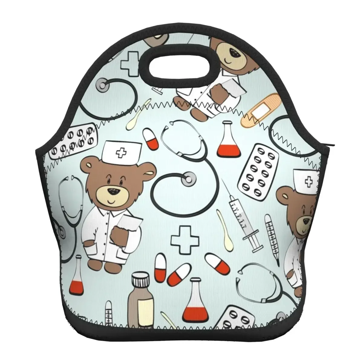 

Nurse Pattern With Bear Neoprene Insulated Lunch Bag for Women Health Care Nursing Cooler Thermal Lunch Box Office Picnic Travel