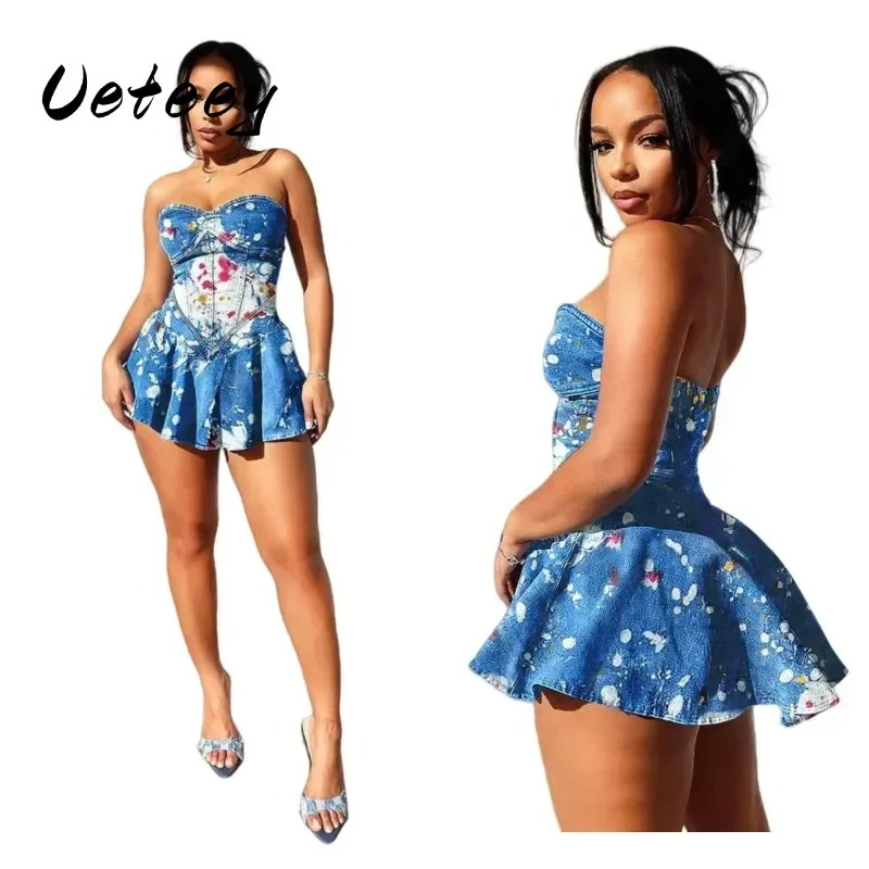 Ueteey Denim Dresses for Women 2024 Floral Print Strapless Bodycon Aline Dress Female Sexy Party Clubwear Vestidos Christmas