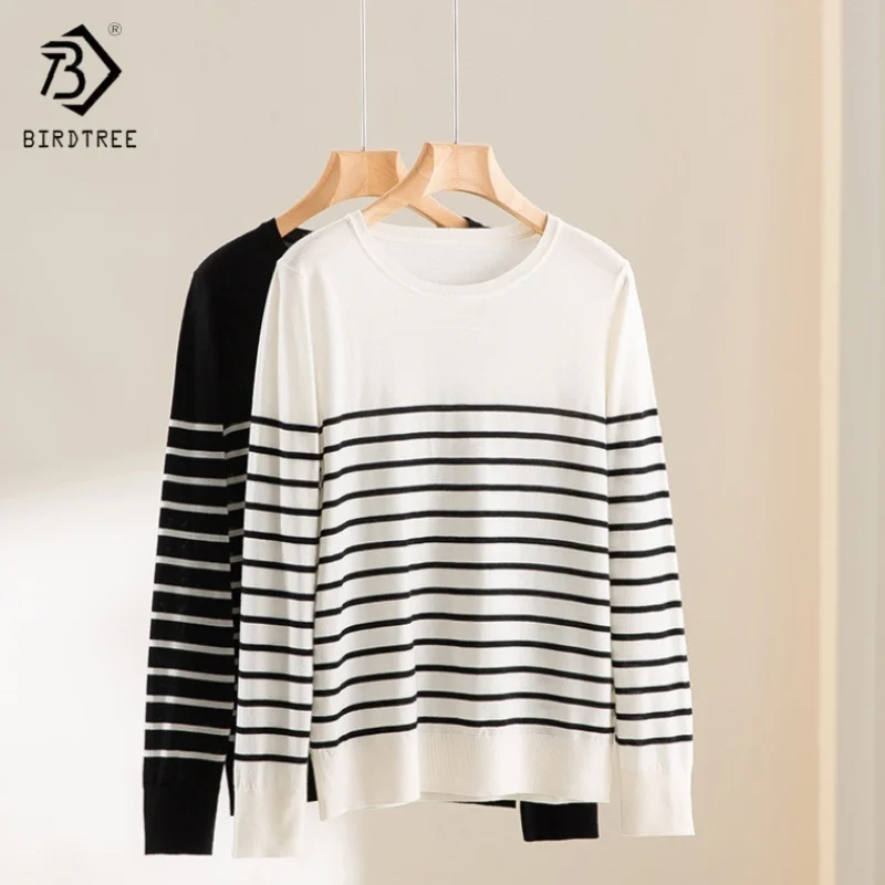 

Birdtree, нижняя рубашка из 100% овечьей шерсти в полоску, женский свитер с длинными рукавами и круглым вырезом, теплый пуловер осень/зима 2025T5O609JF