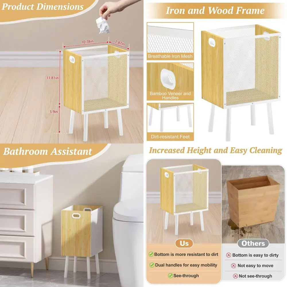 

Rectangular Bamboo Waste Bin with Metal Mesh, 4.5 Gallon, Cute Trash Can for Home & Office